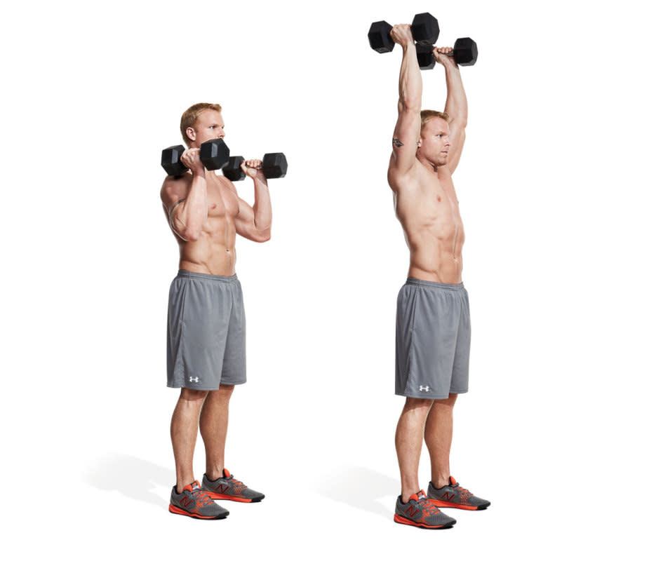 How to do it:<ul><li>Hold a dumbbell in each hand at shoulder level with palms facing each other and elbows pointing forward.</li><li>Brace your core and press the weights straight overhead.</li><li>At the top, shrug your shoulders and hold for a second.</li></ul>