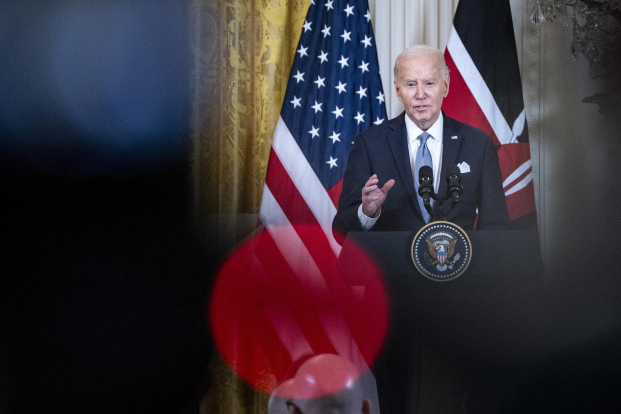 President Joe Biden speaks during a joint press conference with President William Ruto of Kenya at the White House in Washington, on May 23, 2024. (Haiyun Jiang/The New York Times)