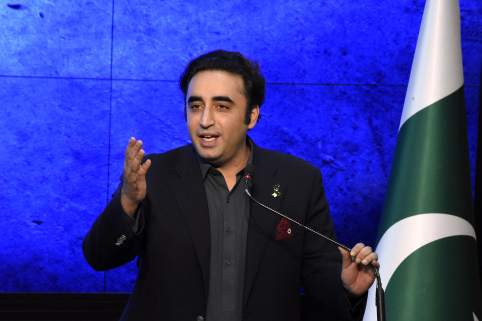 Pakistani Foreign Minister Bilawal Bhutto Zardari, speaks during a joint press conference with U.N. Secretary-General Antonio Guterres at the Foreign Ministry in Islamabad, Pakistan, Friday, Sept. 9, 2022. U.N. Secretary-General Antonio Guterres appealed to the world for help for cash-strapped Pakistan after arriving in the country Friday to see the climate-induced devastation from months of deadly record floods. (AP Photo/W.K. Yousafzai)