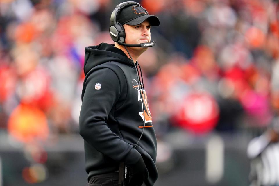 Cincinnati Bengals head coach Zac Taylor paces the sideline in the first quarter during a Week 17 NFL game against the Kansas City Chiefs last season. Taylor's decision making helped get the Bengals that win.