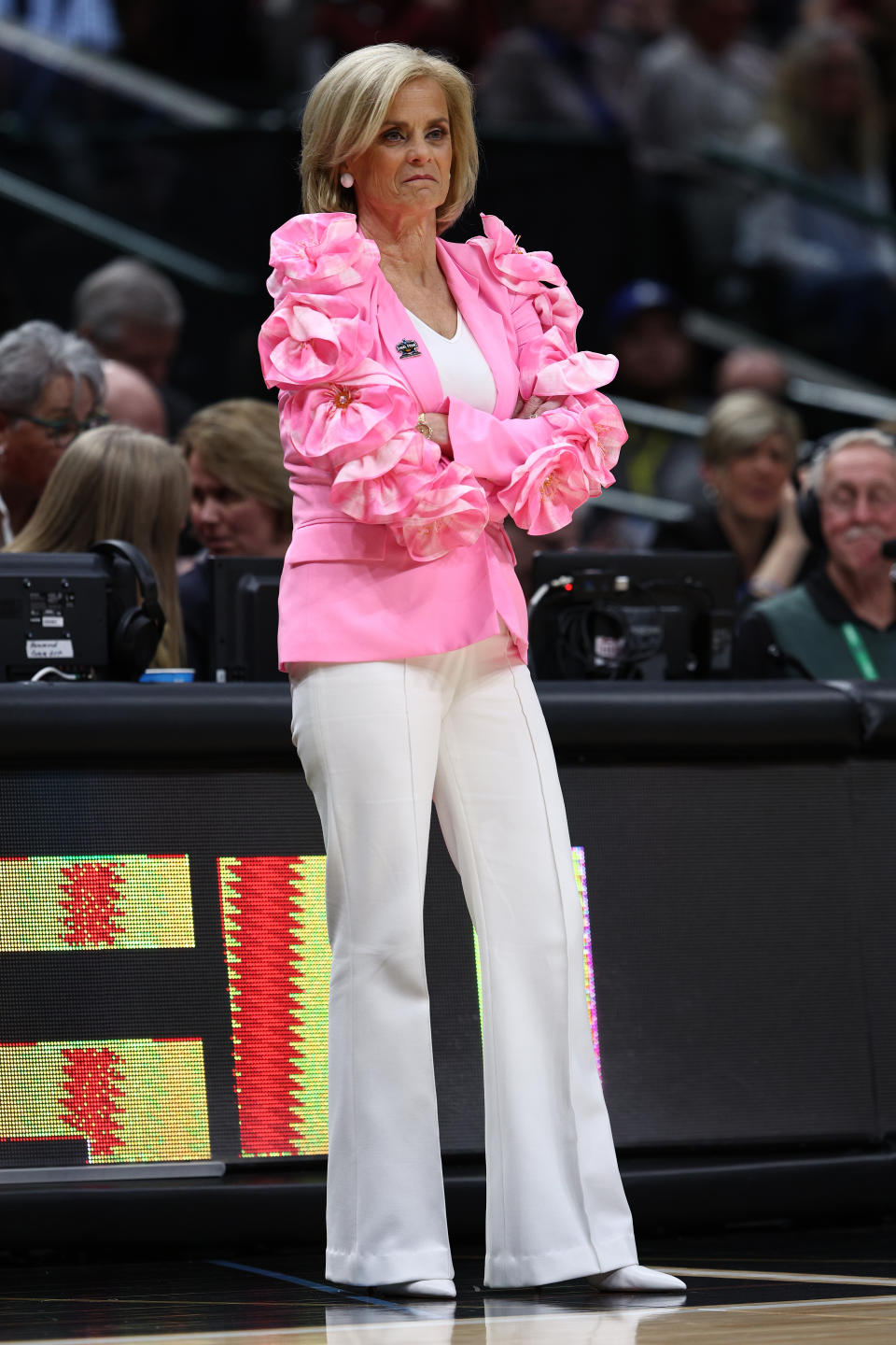 Head coach Kim Mulkey of the LSU Lady Tigers is seen during the first half against the Virginia Tech Hokies during the 2023 NCAA Women’s Basketball Tournament Final Four semifinal game. - Credit: Getty Images