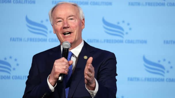 PHOTO: FILE - Republican presidential candidate former Arkansas Governor Asa Hutchinson speaks to guests at the Iowa Faith & Freedom Coalition Spring Kick-Off, April 22, 2023 in Clive, Iowa. (Scott Olson/Getty Images, FILE)
