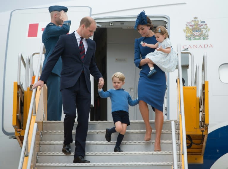 (L-R) Prince William, Prince George, Catherine, Duchess of Cambridge and Princess Charlotte arrive in Victoria, Canada at the start of an eight-day trip