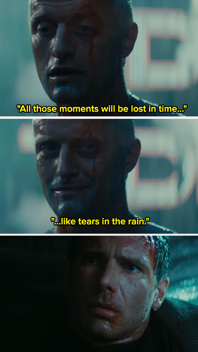 Roy saying to Rick that "All those moments will be lost in time like tears in the rain"