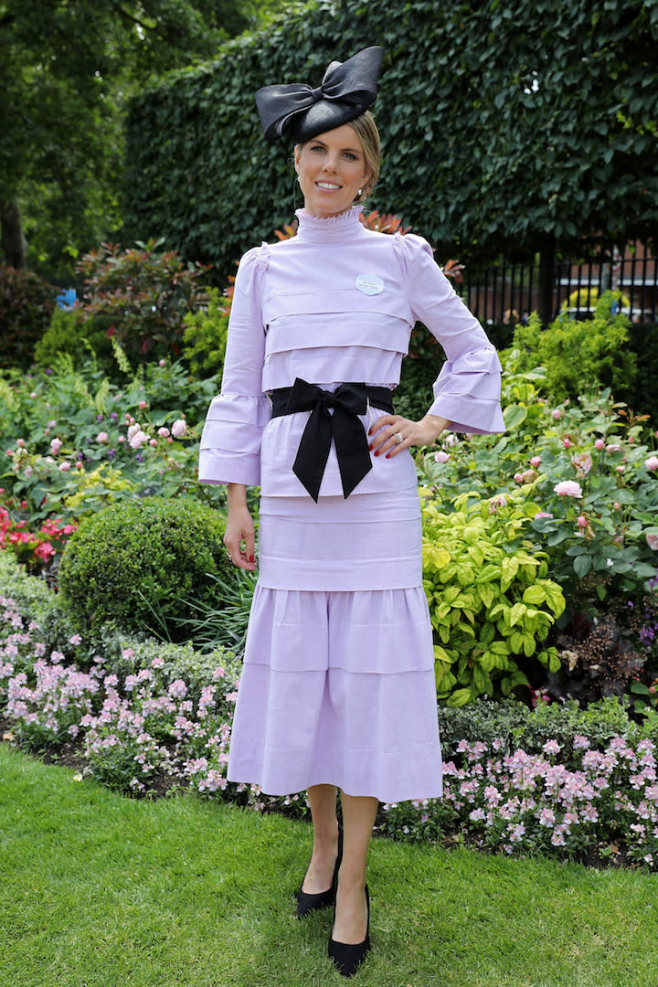 Racegoer Ginnie Chadwyck-Healey wore one of this season's most talked about hues in a ruffled lilac midi dress complete with a chic bow. <em>[Photo: Getty]</em>