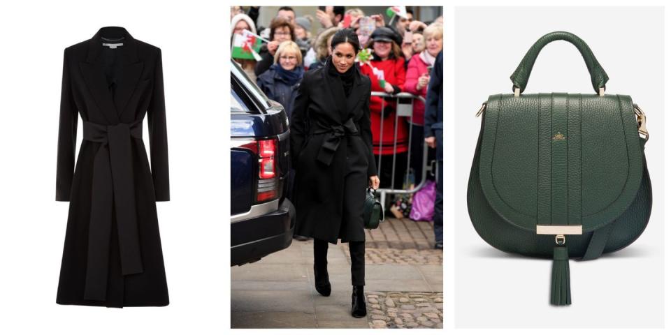 <p>Markle wore a black <a rel="nofollow noopener" href="https://www.harrods.com/en-gb/stella-mccartney/tie-detail-coat-p000000000005808145?ranMID=36666&ranEAID=8/btisdd0hQ&ranSiteID=8_btisdd0hQ-aHyVgtiVCTi0R2ZjEoKIJA&cid=LS&utm_source=Affiliate&utm_medium=RakutenAffiliate&utm_campaign=8/btisdd0hQ&utm_content=10&siteID=8_btisdd0hQ-aHyVgtiVCTi0R2ZjEoKIJA" target="_blank" data-ylk="slk:Stella McCartney coat;elm:context_link;itc:0;sec:content-canvas" class="link ">Stella McCartney coat</a> with a wrap-around bow belt, an off-the-shoulder wool<a rel="nofollow noopener" href="https://www.theory.com/home/" target="_blank" data-ylk="slk:Theory;elm:context_link;itc:0;sec:content-canvas" class="link ">Theory</a> top, black trousers by the Welsh fashion house <a rel="nofollow noopener" href="https://hiutdenim.co.uk/" target="_blank" data-ylk="slk:Hiut Denim;elm:context_link;itc:0;sec:content-canvas" class="link ">Hiut Denim</a>, and a green DeMellier '<a rel="nofollow noopener" href="https://www.demellierlondon.com/the-mini-venice.html" target="_blank" data-ylk="slk:Mini Venice;elm:context_link;itc:0;sec:content-canvas" class="link ">Mini Venice</a>' bag. </p>