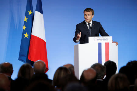 French President Emmanuel Macron addresses a speech during the annual gathering of French Ambassadors at the Elysee Palace in Paris, France, August 29, 2017. REUTERS/Yoan Valat/Pool