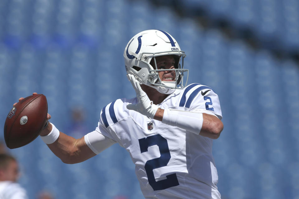 Indianapolis Colts quarterback Matt Ryan (2) warms up on the field prior to a preseason NFL football game against the Buffalo Bills, Saturday, Aug. 13, 2022, in Orchard Park, N.Y. (AP Photo/Joshua Bessex)