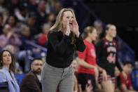 Utah head coach Lynne Roberts directs her team during the first half of a second-round college basketball game against Gonzaga in the NCAA Tournament in Spokane, Wash., Monday, March 25, 2024. (AP Photo/Young Kwak)
