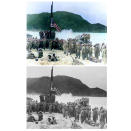 This photo combination shows digital colorization, top, by Anju Niwata and Hidenori Watanave, and original black and white photo that U.S. Army and Coast Guardsmen stand at attention as the American flag is raised over Akashima, Japan on April 2, 1945, the little island, only a few miles from Okinawa. The flag is from a Coast Guard LST. Niwata and Watanave are adding color to pre-war and wartime photographs using a combination of methods. These include AI technologies, but also traditional methods to fill the gaps in automated coloring. These include going door to door interviewing survivors who track back childhood memories, and communicating on social media to gather information from a wider audience. The team has brought to life more than a thousand black-and-white photographs that illustrate the pre-war lives of ordinary people and chronicles the onset and destruction caused by World War II. (U.S. Coast Guard/Navy Radiophoto/Anju Niwata & Hidenori Watanave via AP)