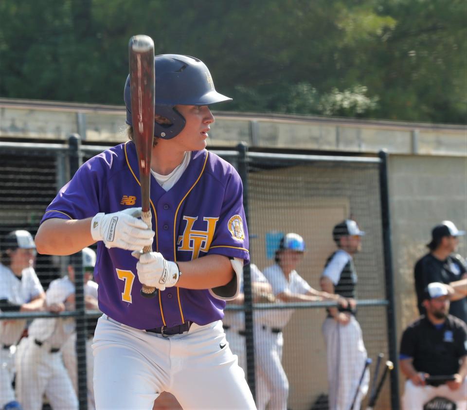 Hagerstown senior Quaid Mull steps into the batter's box during a regional game against Heritage Christian June 3, 2023.