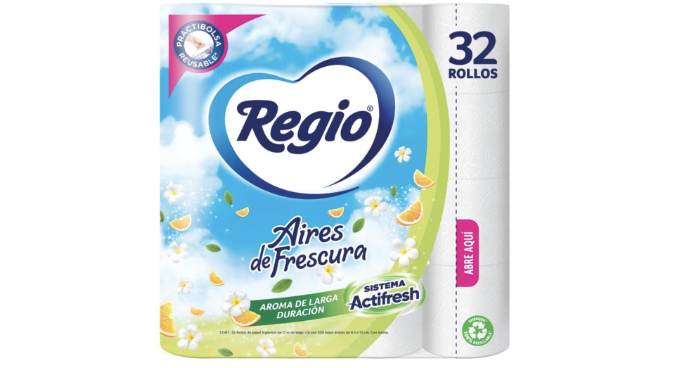 Regio Aires de Frescura Papel Higiénico, 200 hojas dobles, 32 Rollos. Foto: amazon.com.mx
