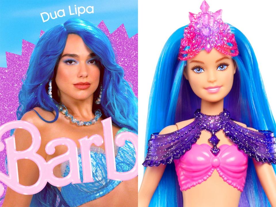 Left: Dua Lipa as Mermaid Barbie in "Barbie." Right: The Barbie Mermaid Power doll.