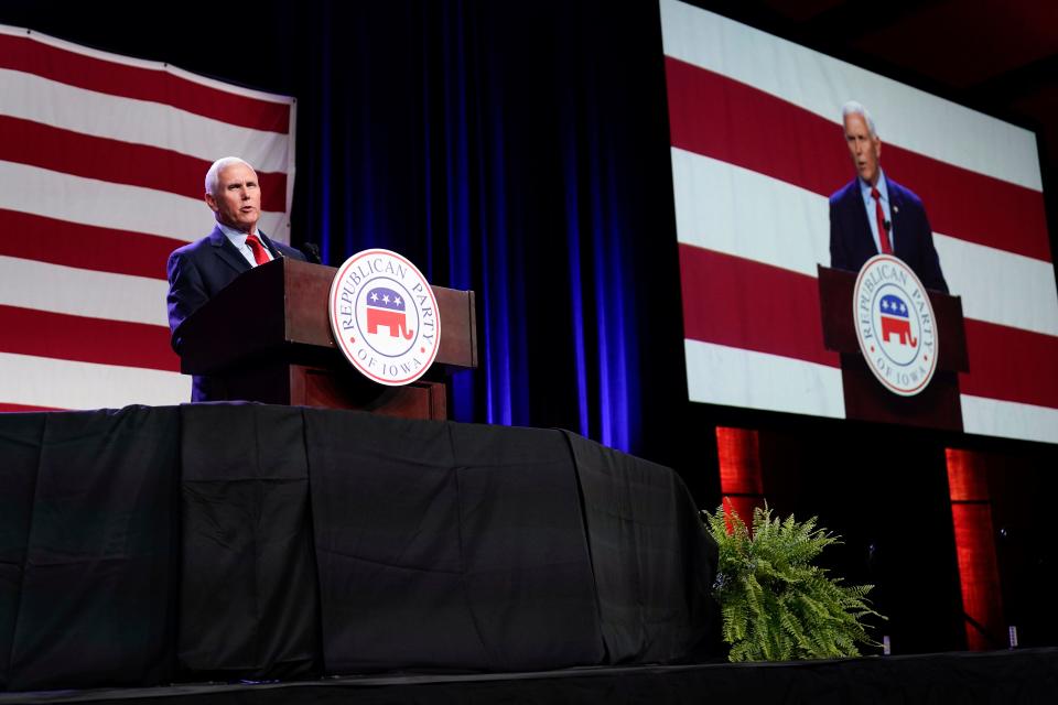 Republican presidential candidate former Vice President Mike Pence speaks at the Republican Party of Iowa's 2023 Lincoln Dinner in Des Moines, Iowa, Friday, July 28, 2023.