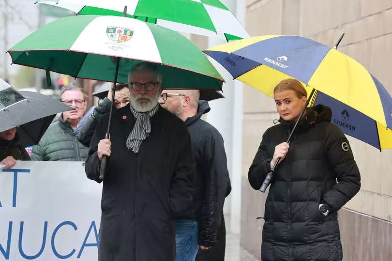 Gerry Adams and Sinn Fein's Aisling Reilly outside the coroners court for the Springhill Westrock inquest