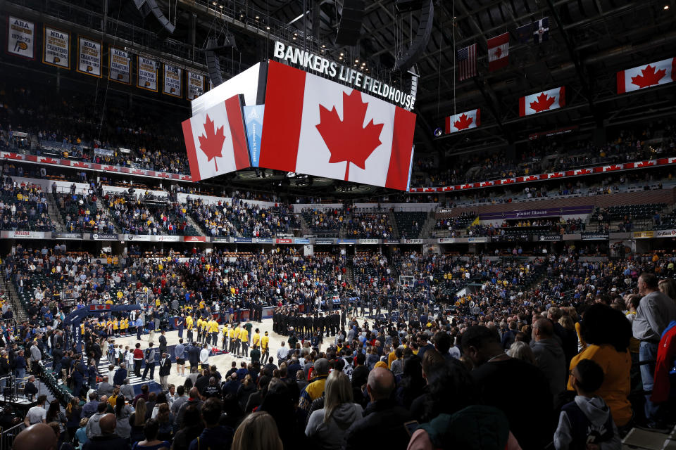 INDIANAPOLIS, IN - FEBRUARY 07: General view during the Canadian national anthem prior to the game between the Indiana Pacers and Toronto Raptors at Bankers Life Fieldhouse on February 7, 2020 in Indianapolis, Indiana. The Raptors defeated the Pacers 115-106. NOTE TO USER: User expressly acknowledges and agrees that, by downloading and or using this Photograph, user is consenting to the terms and conditions of the Getty Images License Agreement. (Photo by Joe Robbins/Getty Images)