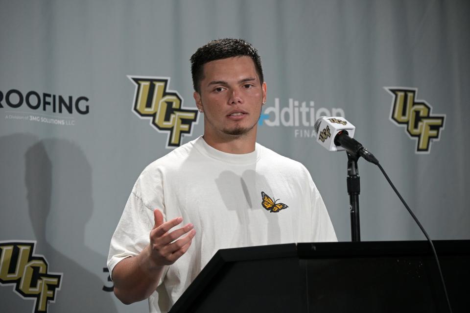 UCF quarterback Dillon Gabriel answers a question from a reporter after a game against Boise State on Sept. 2 in Orlando, Fla.