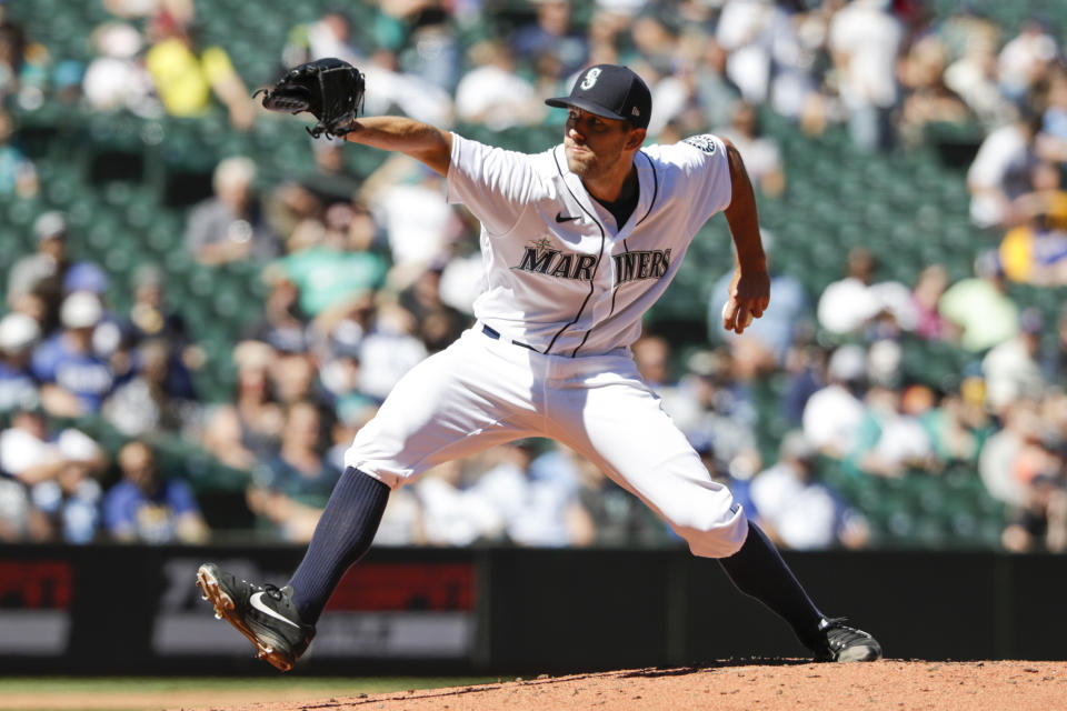 Seattle Mariners starting pitcher Tyler Anderson throws to a Kansas City Royals batter during the first inning of a baseball game Saturday, Aug. 28, 2021, in Seattle. (AP Photo/Jason Redmond)