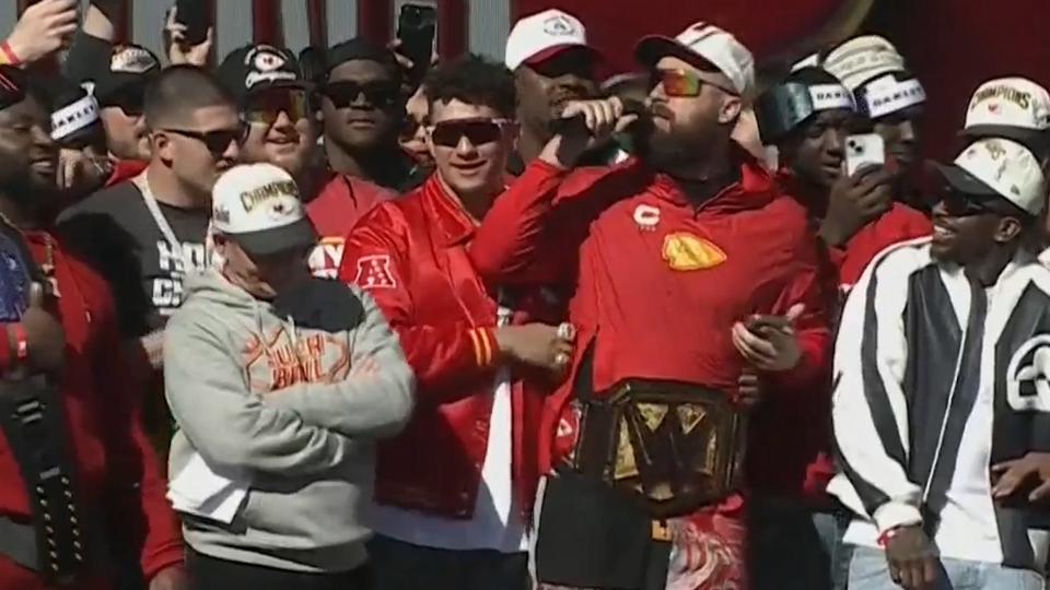 Kansas City Chief's tight end Travis Kelce sings Garth Brooks' 'Friends In Low Places' during the Super Bowl victory parade in Kansas City.