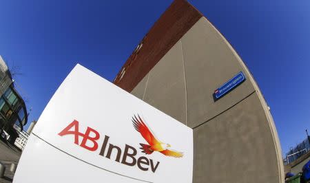The logo of Anheuser-Busch InBev is pictured outside the brewer's headquarters in Leuven, Belgium February 25, 2016. REUTERS/Yves Herman/File Photo