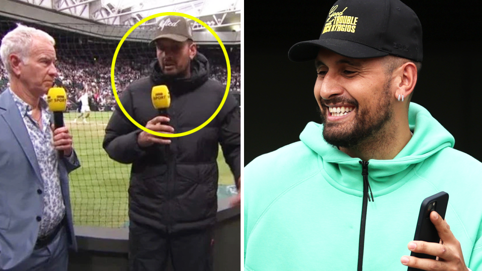 Nick Kyrgios (pictured) has garnered plenty of attention during his commentary at Wimbledon for his clothing choices in the middle of the British summer. (Images: BBC/Getty images)