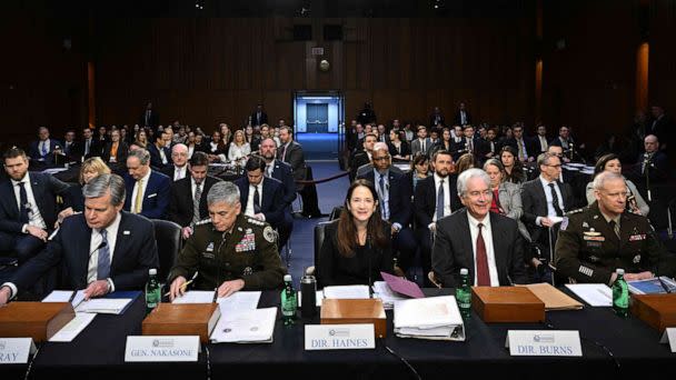 PHOTO: Intelligence chiefs prepare to testify before a Senate Intelligence Committee hearing on worldwide threats, in Washington, D.C., March 8, 2023. (Mandel Ngan/AFP via Getty Images)