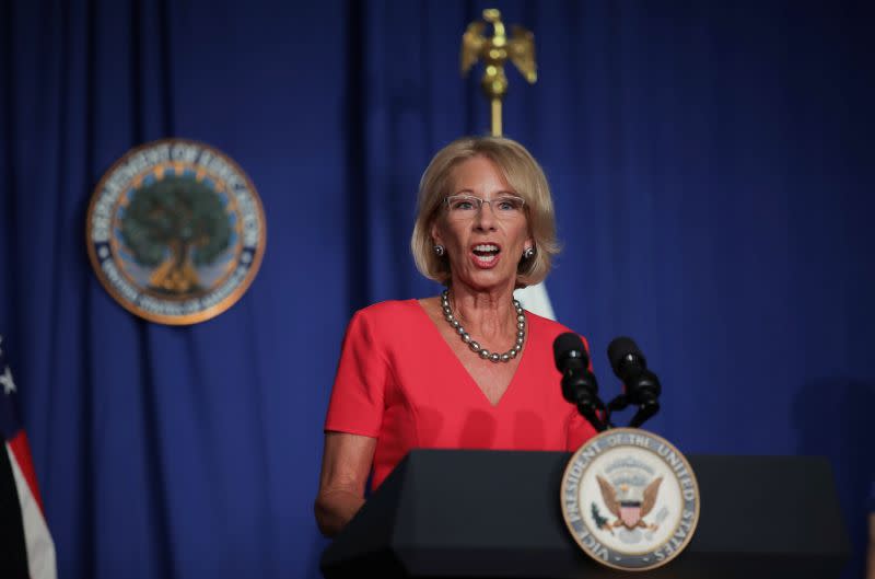 U.S. Education Secretary Betsy Devos speaks at White House coronavirus task force briefing at the Education Department in Washington