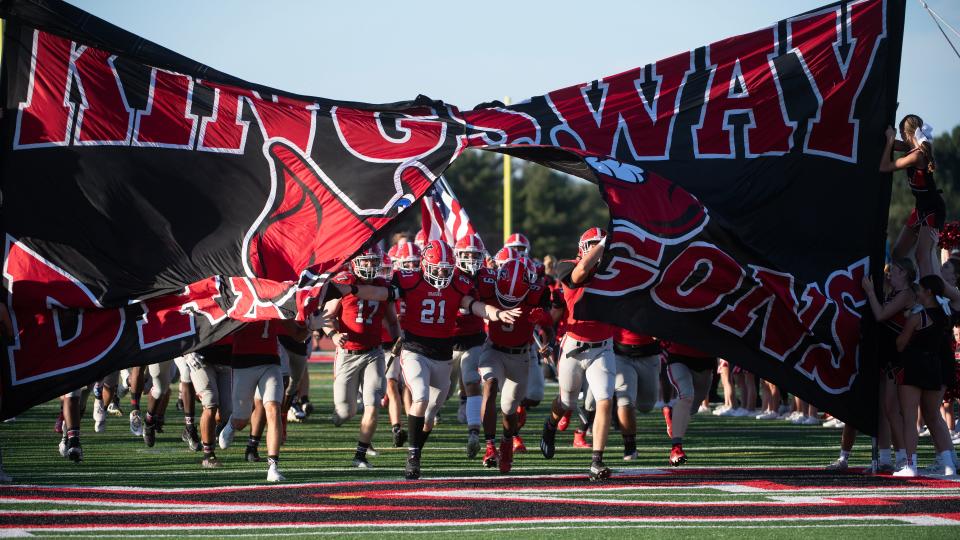 Members of Kingsway's football team enter the field prior to football game between Kingsway and Vineland played at Kingsway Regional High School on Friday, September 15, 2023.  Kingsway defeated Vineland, 38-15.