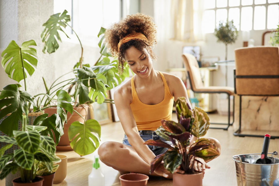 Mujer en su casa cuidando plantas.