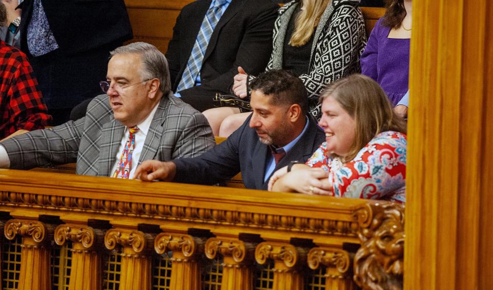 Framingham supporters of State Rep. Priscila Sousa, of Framingham, of the newly created 6th Middlesex District, on hand for the swearing in ceremony at the State House, Jan. 4, 2023, included from left: John Stefanini, Shivalik Randev, and Mary Kate Feeney.