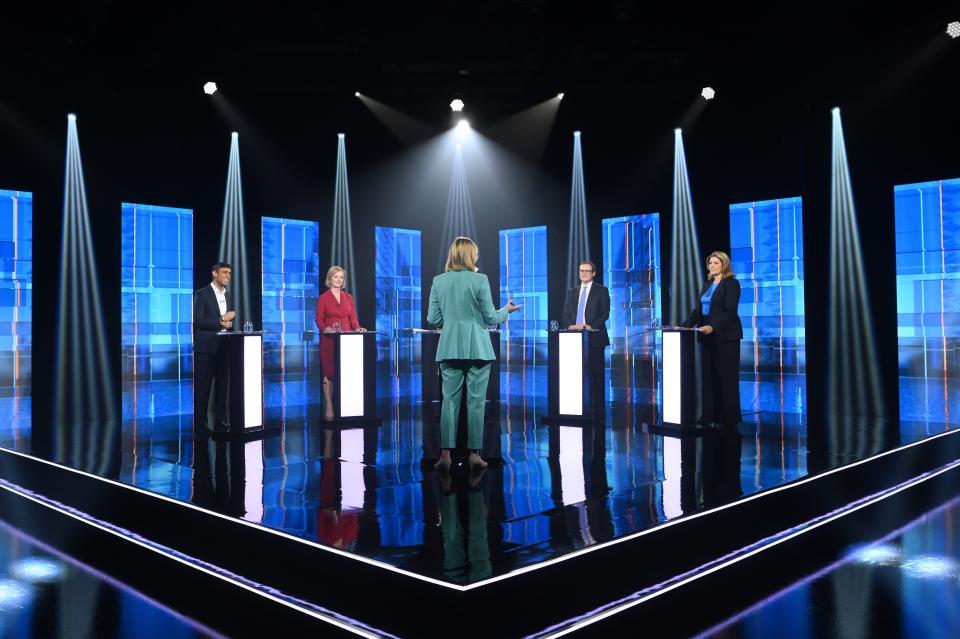 Rishi Sunak, Liz Truss, Kemi Badenoch (behind host Julie Etchingham), Tom Tugendhat and Penny Mordaunt (PA Media)