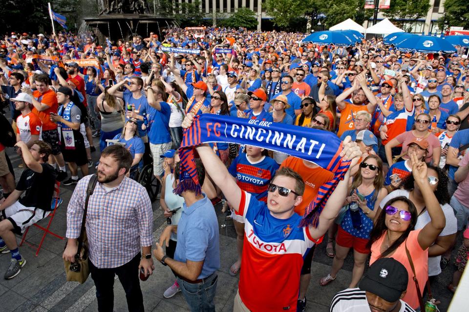 Thousands of FC Cincinnati soccer fans gathered on Fountain Square on May 29, 2018 to watch a live broadcast from Rhinegeist Brewery announcing that the team was accepted into Major League Soccer.