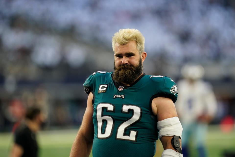 Philadelphia Eagles center Jason Kelce (86) is seen during pregame warmups before an NFL football game against the Dallas Cowboys, Monday, Sept. 27, 2021, in Arlington, Texas. (AP Photo/Matt Patterson)