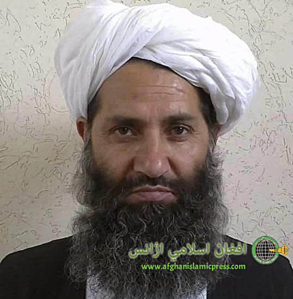 FILE - In this undated and unknown location photo, the new leader of Taliban fighters, Mullah Haibatullah Akhundzada poses for a portrait. A rare public show of division has arisen in the ranks of Afghanistan's ruling Taliban. A senior Taliban figure publicly criticized the group's leadership in a speech, accusing some of monopolizing power. The comments by Interior Minister Sirajuddin Haqqani were seen as directed at the Taliban's supreme leader, Haibatullah Akhundzada. (Afghan Islamic Press via AP)