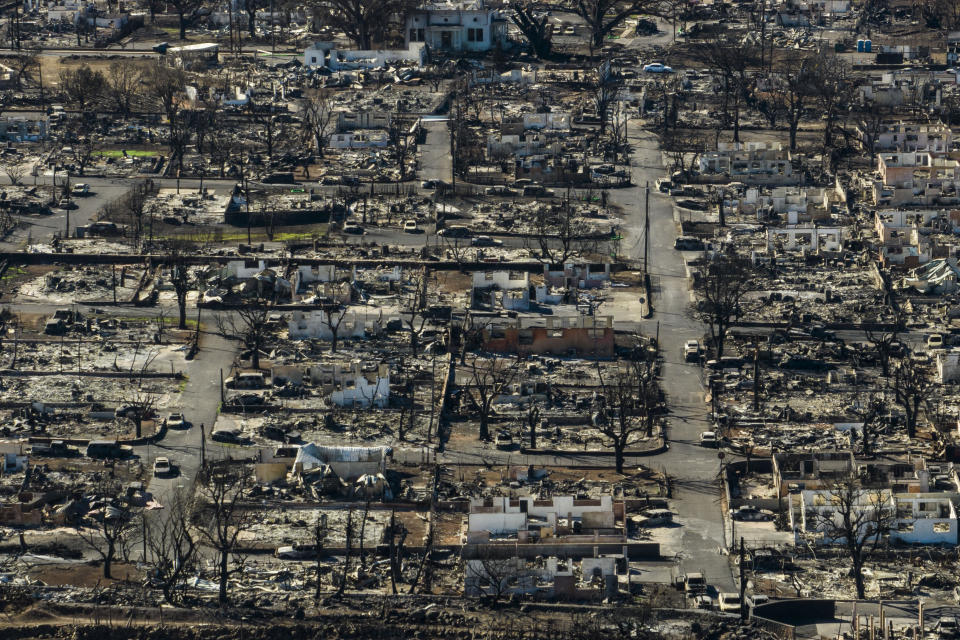 A general view shows the aftermath of a wildfire in Lahaina, Hawaii, Thursday, Aug. 17, 2023. Hawaii's governor vowed to protect local landowners from being “victimized” by opportunistic buyers when Maui rebuilds from deadly wildfires that incinerated a historic island community. (AP Photo/Jae C. Hong)