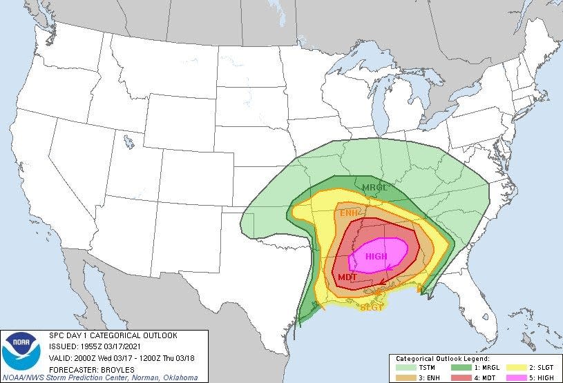 Tornadoes are forecast to roar across the Deep South into the overnight hours of March 17-18. This map shows the area at highest risk (in pink) of tornadoes, across much of Mississippi and Alabama.