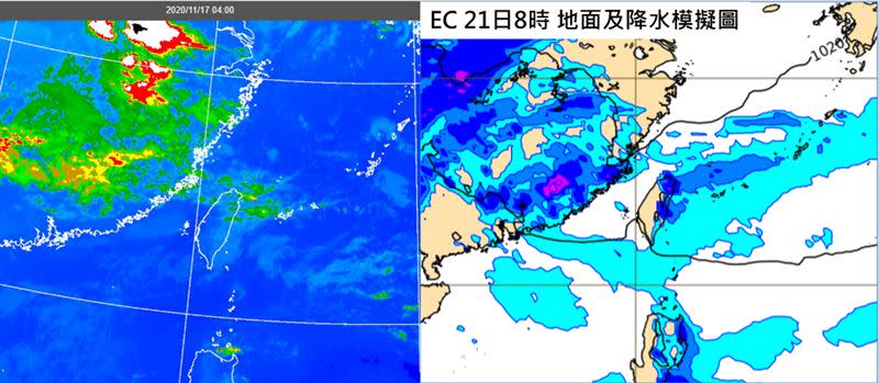 左圖：今(17日)晨4時紅外線色調強化雲圖顯示，北台灣上空大多為為透光的高層雲，東部近海有低雲。