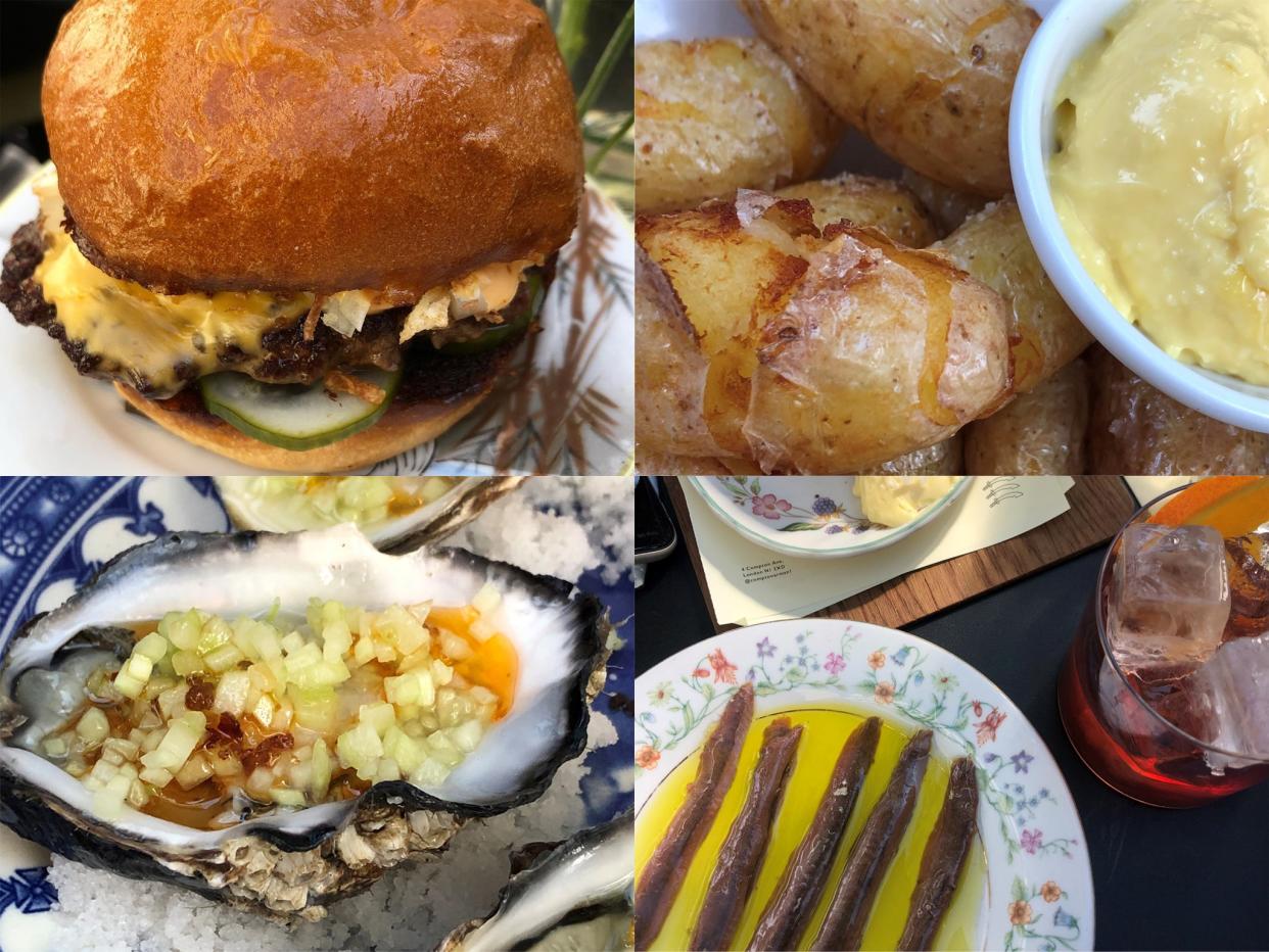 <p>Clockwise from right: the Dexter cheeseburger; fried potatoes with aioli; sourdough, mezcal negroni and Cantabrian anchovies; oysters</p> (Molly Codyre)