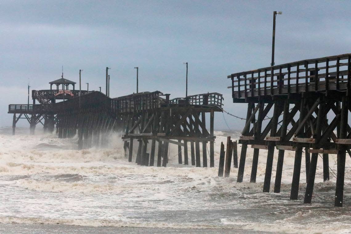 A section of Cherry Grove Pier in North Myrtle Beach was demolished by Hurricane Ian’s storm surge. Conditions deteriorated throughout the day on Friday in North Myrtle Beach as Hurricane Ian made landfall near Georgetown, S.C. The Cherry Grove area experienced severe flooding due to Ian’s storm surge on Friday, September 30, 2022.