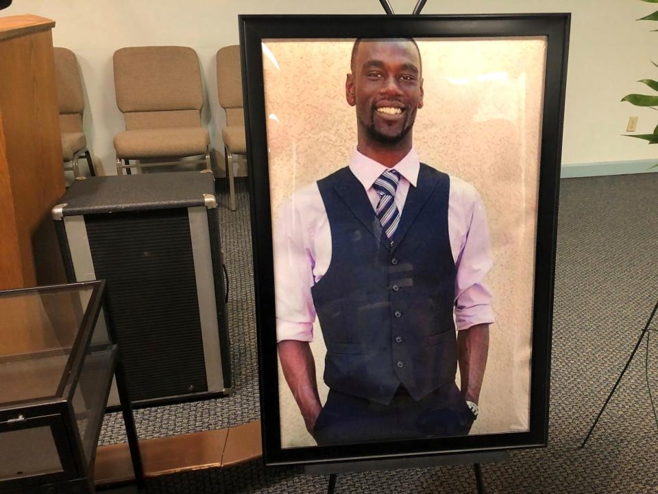 A portrait of Tyre Nichols is displayed at a memorial service for him on Tuesday, Jan. 17, 2023 in Memphis, Tenn. Nichols was killed during a traffic stop with Memphis Police on Jan. 7.