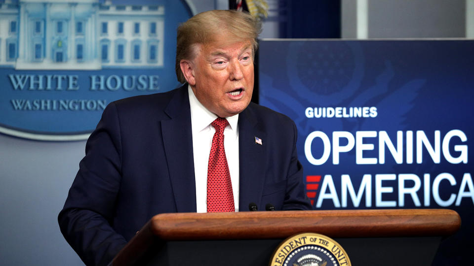 President Donald Trump speaks during the daily briefing of the White House Coronavirus Task Force in the briefing room at the White House April 16, 2020 in Washington, DC.  (Alex Wong/Getty Images)