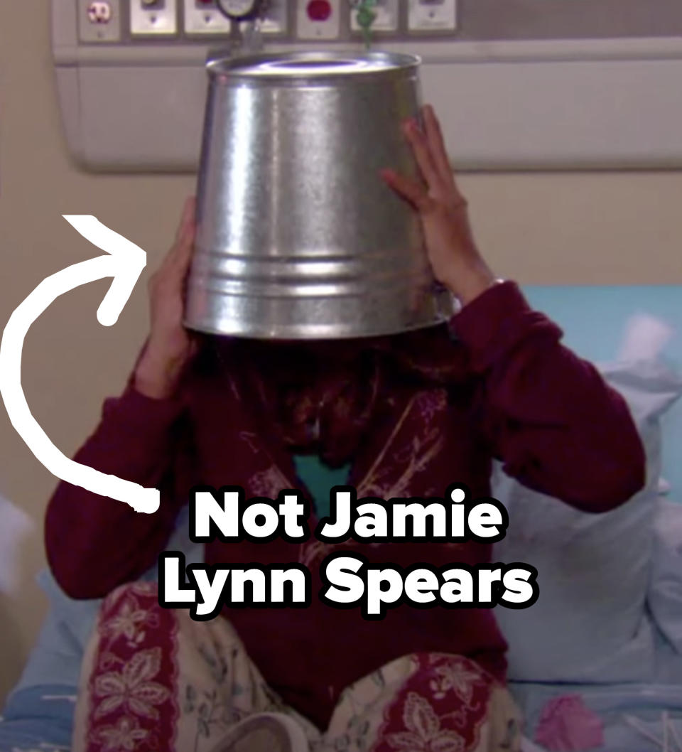 Zoey with a bucket on her head labeled "not jamie lynn spears"