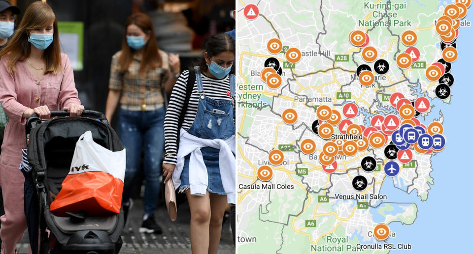 People wearing masks while shopping in Sydney (left) and a map of covid exposure sites in NSW (right)