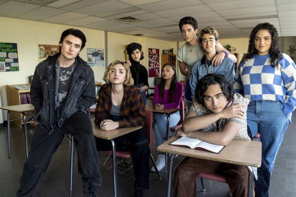 episode 101 “my so called death”, pictured, l r xavier baxter spencer mcpherson, maddie nears peyton list, rhonda sarah yarkin, claire zolinski rainbow wedell, wally clark milo manheim, charley nick pugliese, simon elroy kristian flores and nicole herrera kiara pichardo in school spirits on paramount photo credit ed araquelparamount ©2022 paramount global, inc all rights reserved