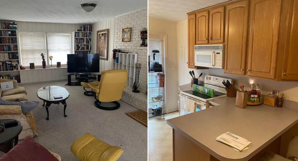 Busy living room with timber kitchen inside US home