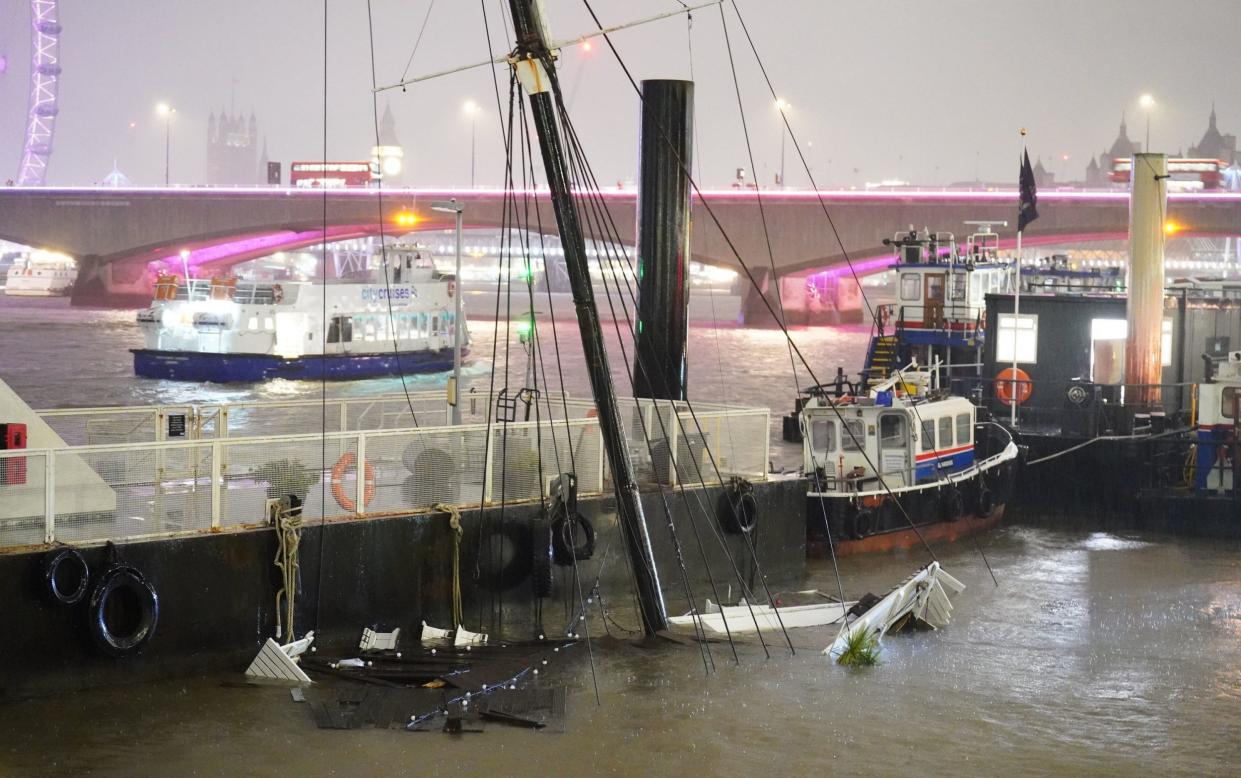 The Bar & Co vessel plunged into the Thames following heavy rain
