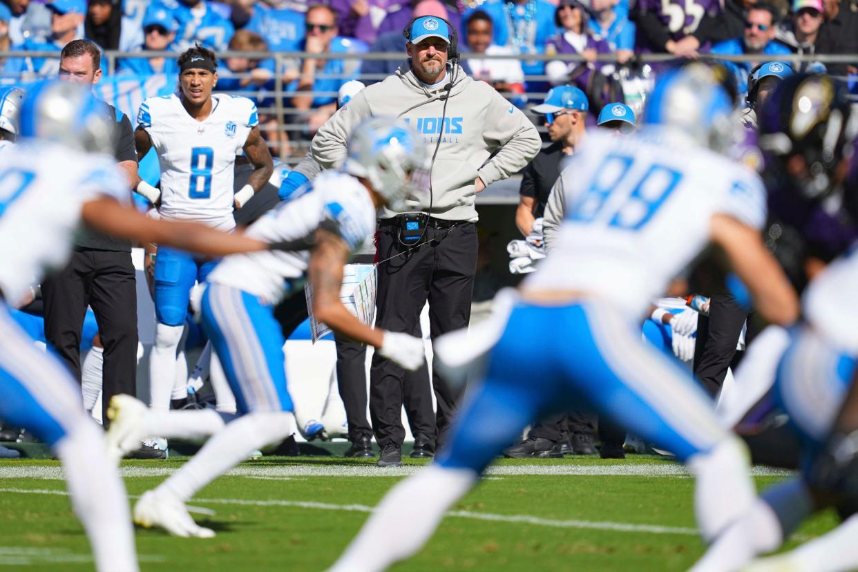 Detroit Lions coach Dan Campbell watches from the sideline during the second quarter of the 38-6 loss at the Baltimore Ravens on Sunday, Oct. 22, 2023.