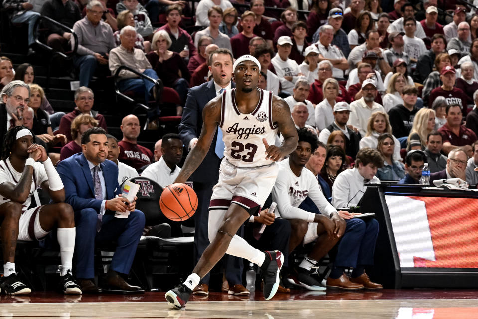 Mar 4, 2023; College Station, Texas; Texas A&M Aggies guard Tyrece Radford (23) controls the ball against the Alabama Crimson Tide during the second half at Reed Arena. Maria Lysaker-USA TODAY Sports