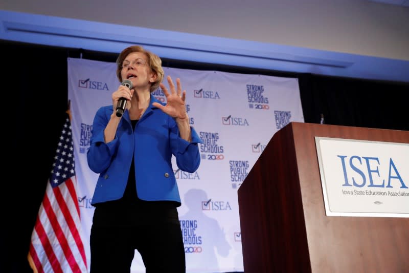 Democratic 2020 U.S. presidential candidate and U.S. Senator Elizabeth Warren (D-MA) speaks during the ISEA (Iowa State Education Association) 2020 Legislative Conference West Des Moines, Iowa