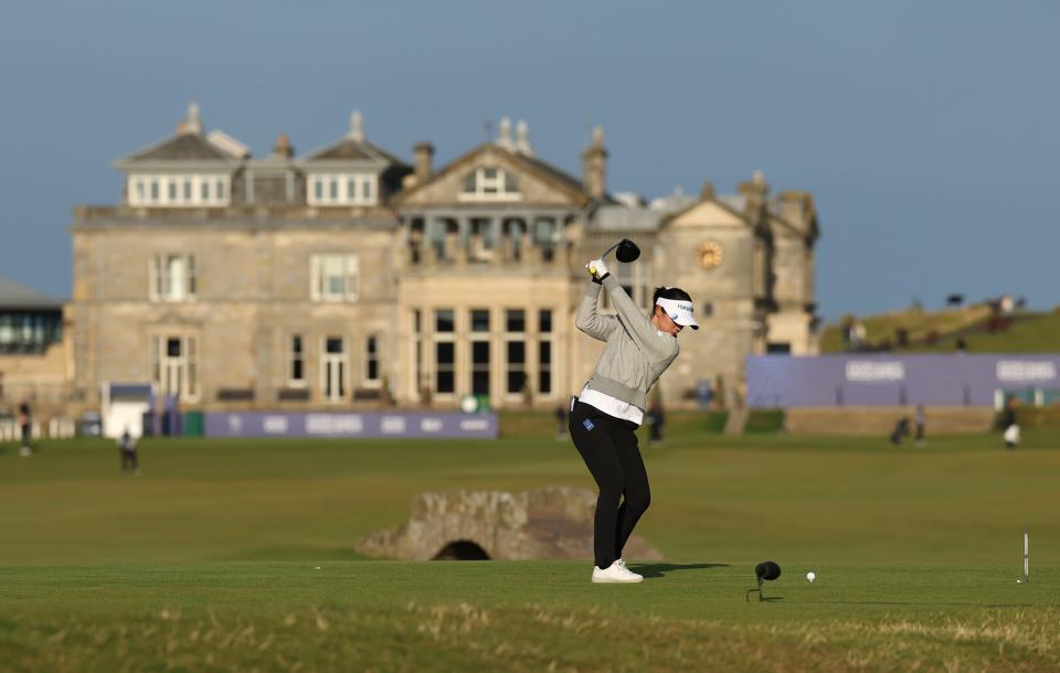 ST ANDREWS, SCOTLAND - AUGUST 24: Lydia Ko of New Zealand tees off on the 18th hole during Day Three of the AIG Women's Open at St Andrews Old Course on August 24, 2024 in St Andrews, Scotland. (Photo by Luke Walker/Getty Images)